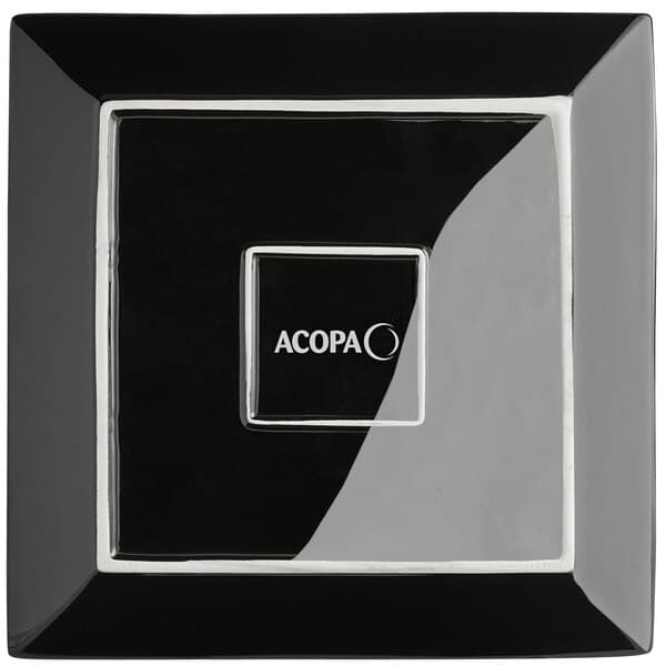 A black square Acopa stoneware plate with white text that says "Acopa"