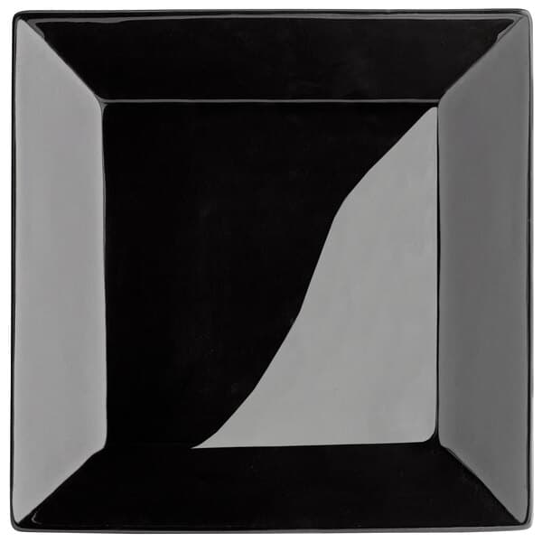 A glossy black square stoneware plate with a black rim.
