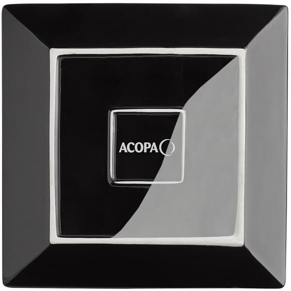 A glossy black square Acopa stoneware plate.