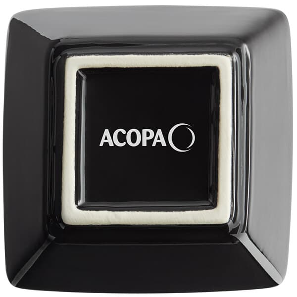 A black square Acopa stoneware bouillon cup with white text.