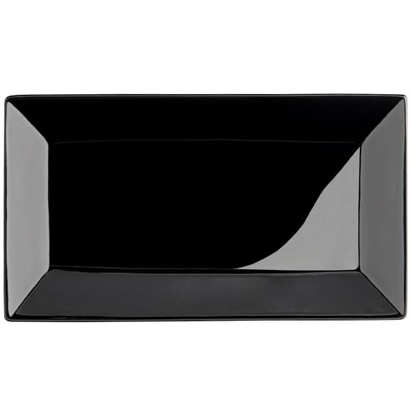 A black rectangular Acopa stoneware platter.