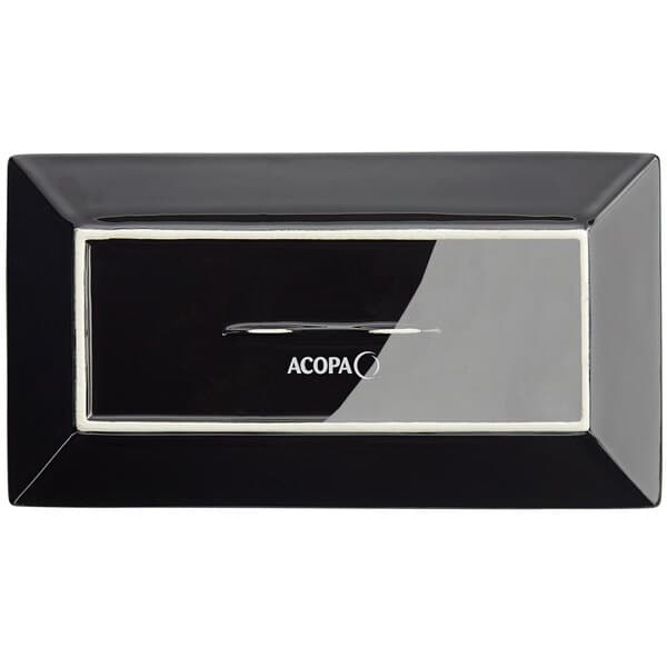 A black rectangular Acopa stoneware platter with a glossy finish.