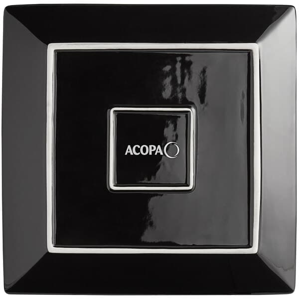 A glossy black square Acopa stoneware plate with white text.