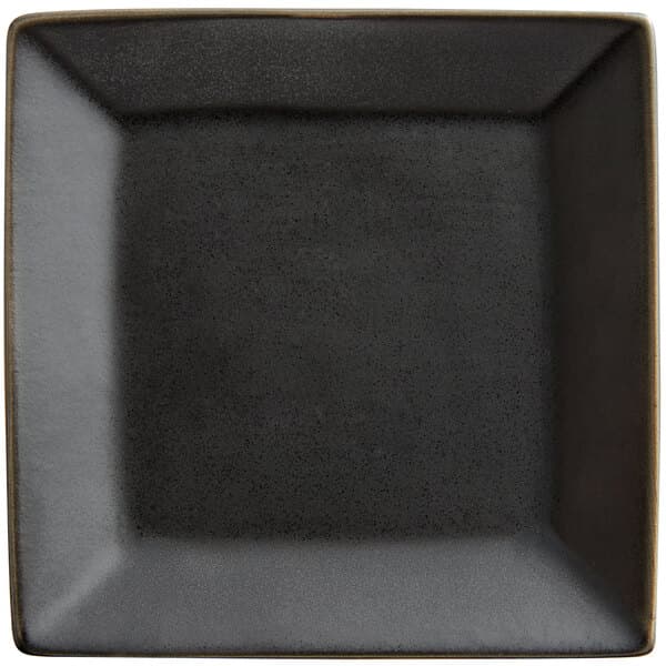 A black square Acopa stoneware plate with a dark gray rim.