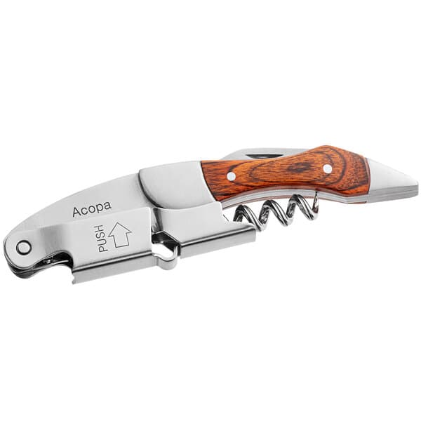An Acopa Flex waiter's corkscrew with a mahogany handle and metal blade.