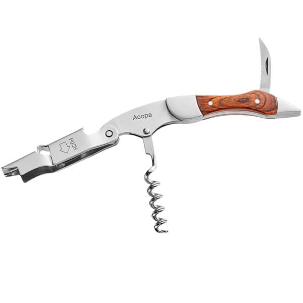 An Acopa Flex waiter's corkscrew with a mahogany handle and a knife.