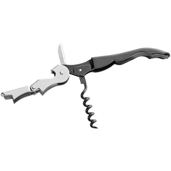 An Acopa waiter's corkscrew with a black metal handle and silver corkscrew.
