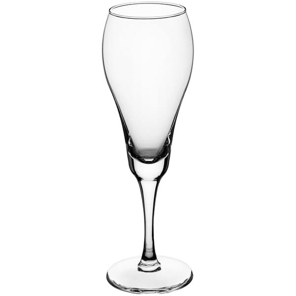 An Acopa Select clear tulip wine glass.