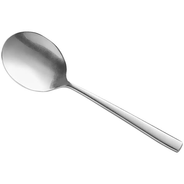 An Acopa stainless steel bouillon spoon with a distressed handle.
