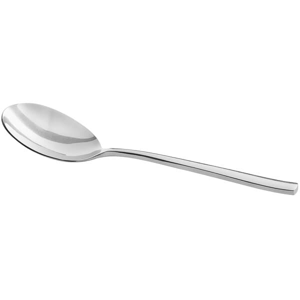 An Acopa Petra stainless steel bouillon spoon with a silver distressed handle.