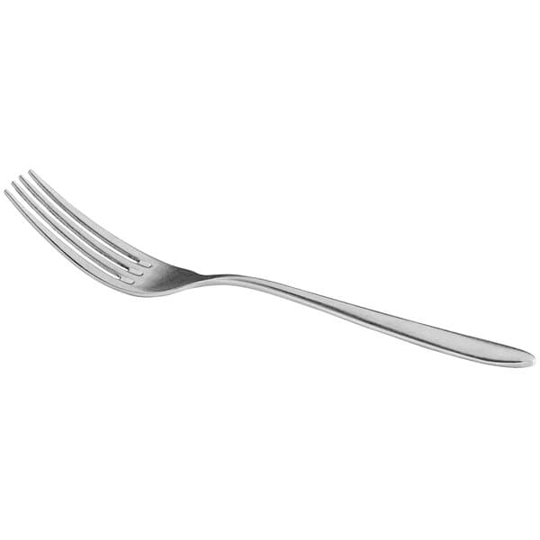 A close-up of an Acopa Pangea stainless steel salad/dessert fork with a silver handle.