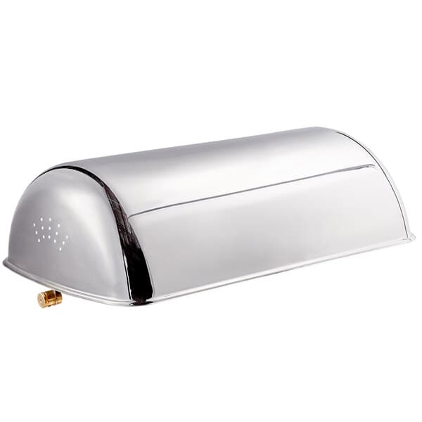 A silver metal Acopa chafer cover with a small hole and gold trim.