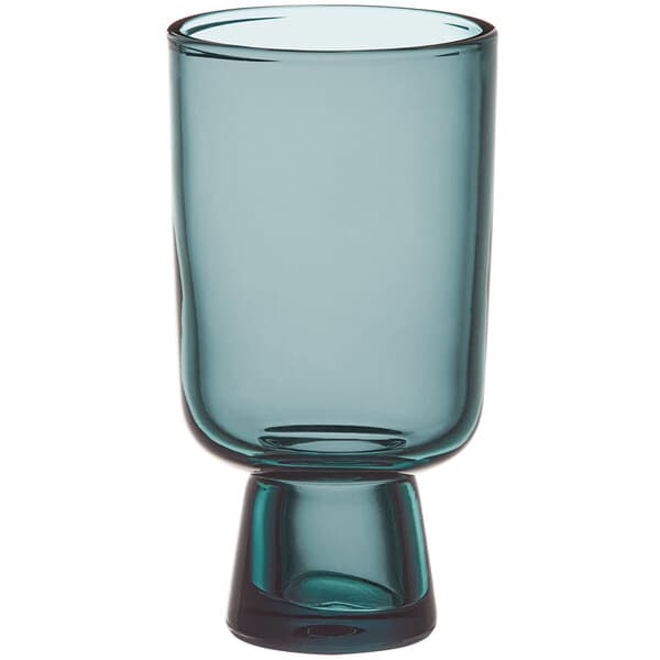 A close-up of a blue Acopa Pangea goblet with a black rim and small leg.