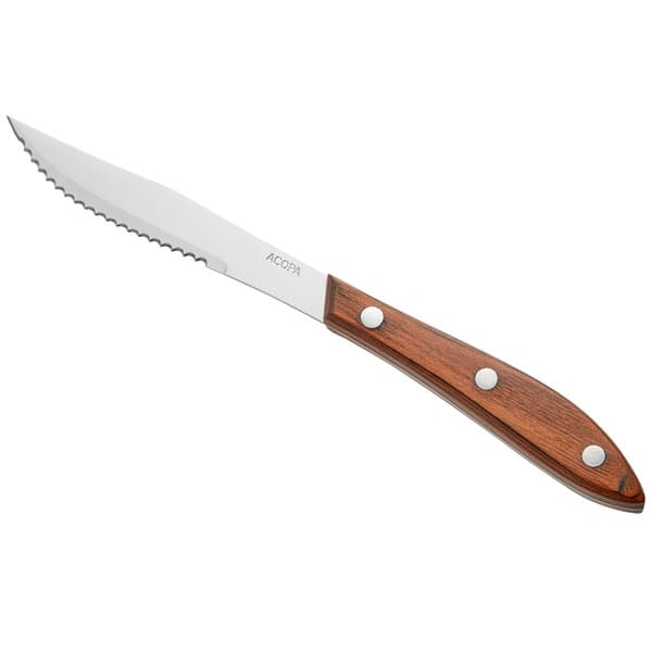 An Acopa steak knife with a natural Pakkawood handle.