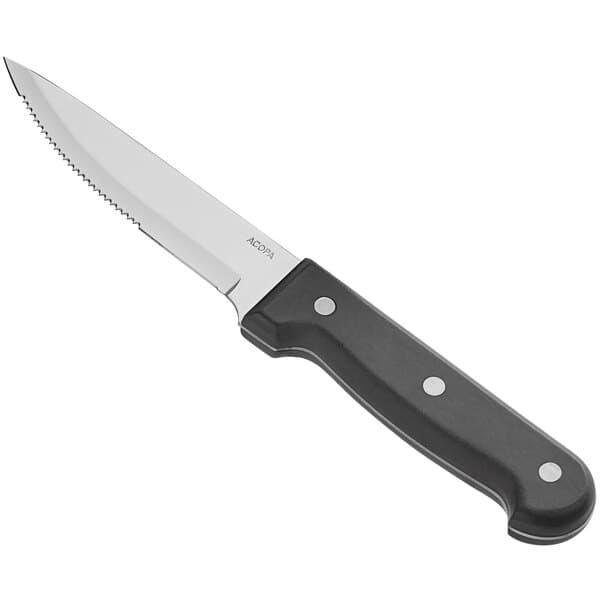 An Acopa steak knife with a black bakelite handle and silver blade.