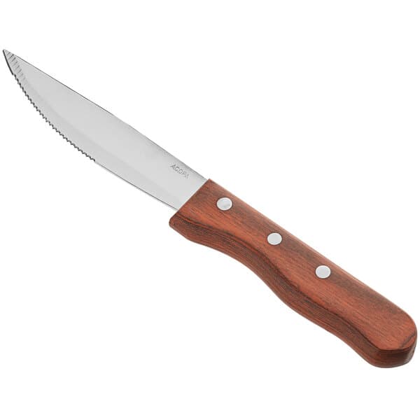 An Acopa steak knife with a jumbo natural finish pakkawood handle.