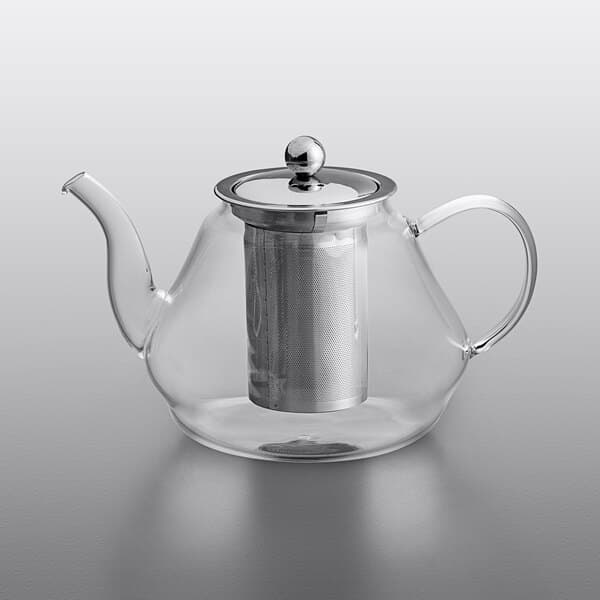 An Acopa Azalea glass teapot with a metal infuser.