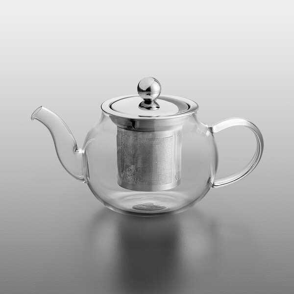An Acopa Lotus glass teapot with a stainless steel infuser.