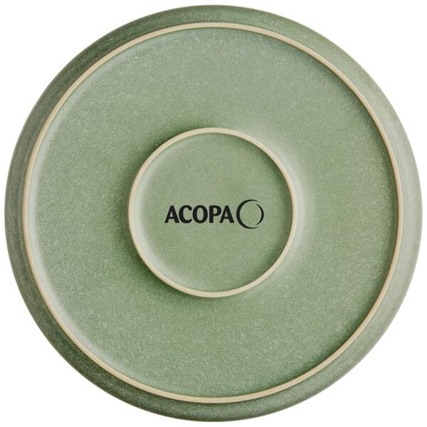 A sage green Acopa Pangea porcelain plate with a white circle in the middle.