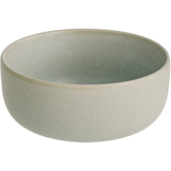 An Acopa Pangea white porcelain bowl with a gray rim.