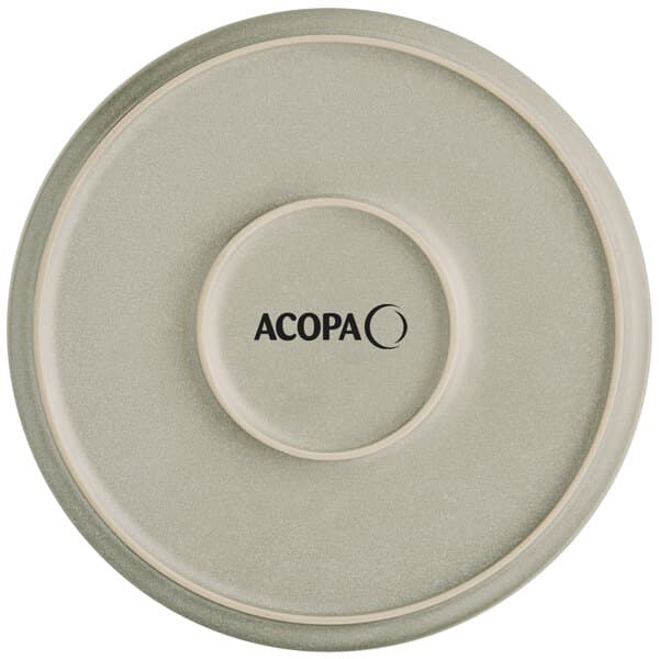 A white Acopa porcelain plate with black text on it.