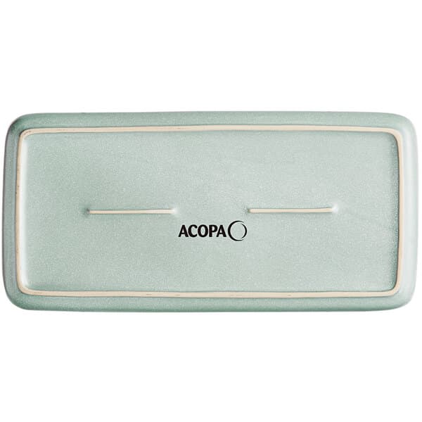 A rectangular blue porcelain platter with a white border.