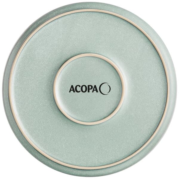 A close up of an Acopa Harbor Blue matte coupe porcelain plate with the word "Acopa" on it.