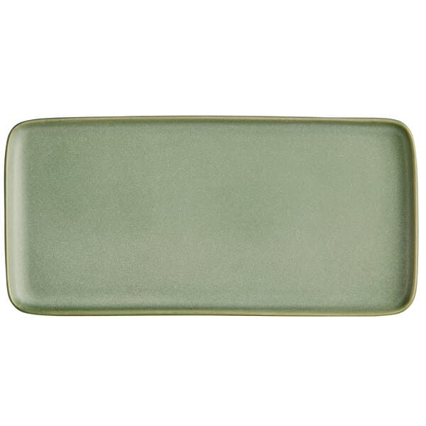 A rectangular sage green Acopa Pangea porcelain platter.