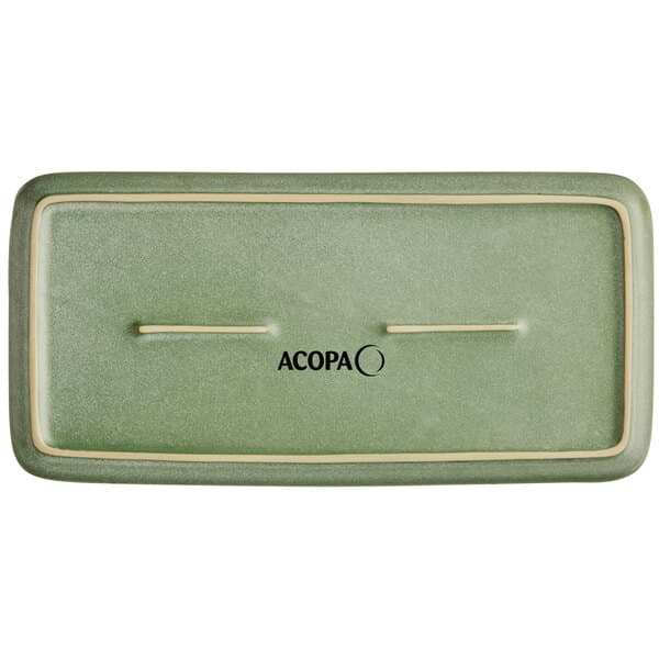 A sage green rectangular Acopa porcelain platter with a white border.