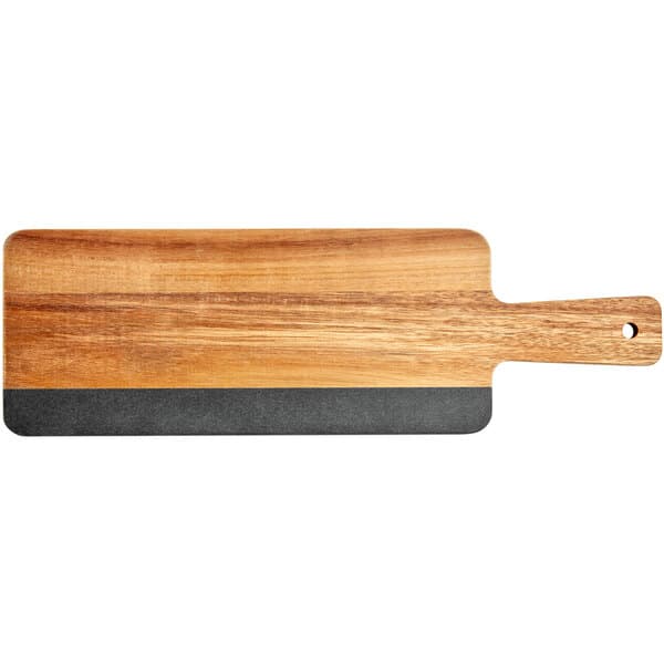 An Acacia wood serving board with a slate insert and a handle.