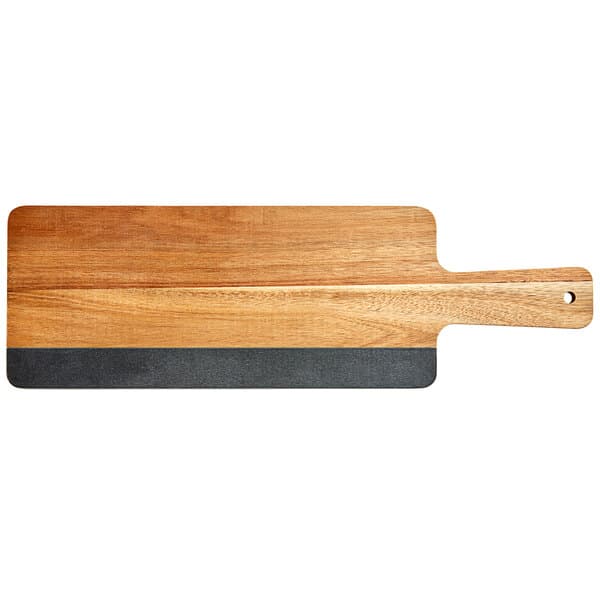 An Acacia wood serving board with a slate insert and a handle.