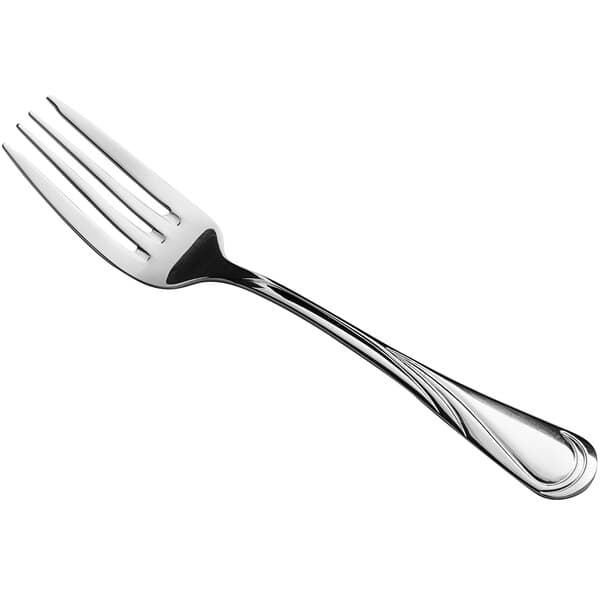 An Acopa stainless steel salad/dessert fork with a silver swirl design on the handle.