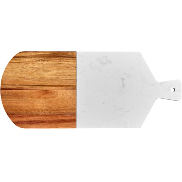 An Acacia wood serving board with a white marble surface.