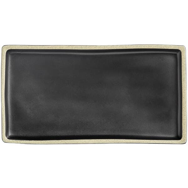 An Acopa matte black rectangular melamine tray with an ivory border.