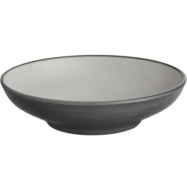 A close up of an Acopa matte grey and black melamine bowl with a grey rim.