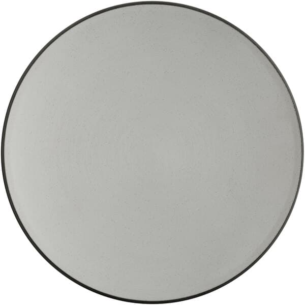 A white plate with a black rim.