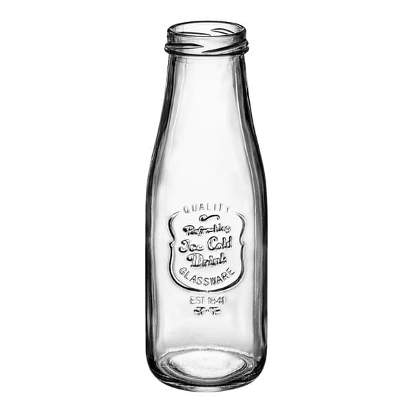 An Acopa clear glass milk bottle with an embossed logo and a lid.