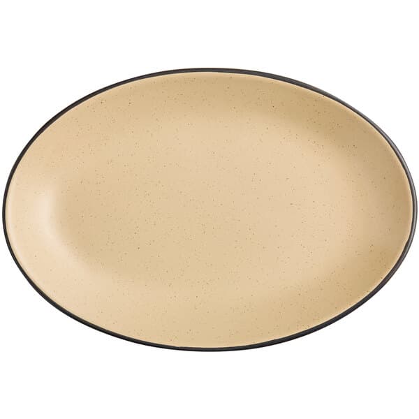An Acopa Harvest Tan matte stoneware platter with a black rim.