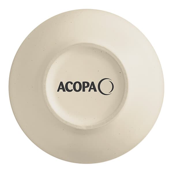 A white Acopa stoneware bowl with black text reading "Acopa"