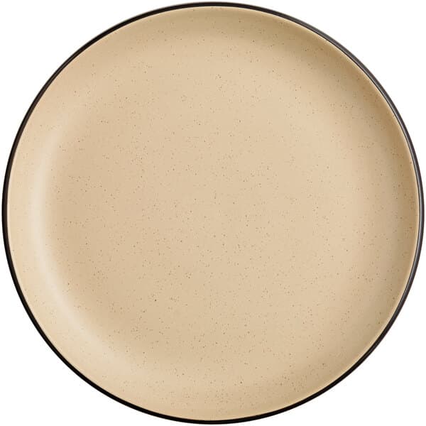 An Acopa Harvest Tan matte coupe stoneware plate with a black rim.