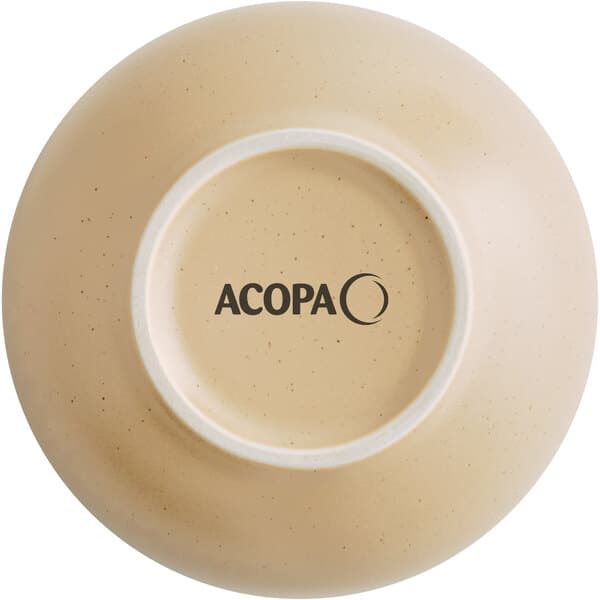 An Acopa Harvest Tan matte stoneware bowl with a black logo on it.