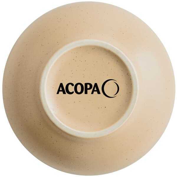 A beige stoneware bowl with the word "Acopa" in black text.