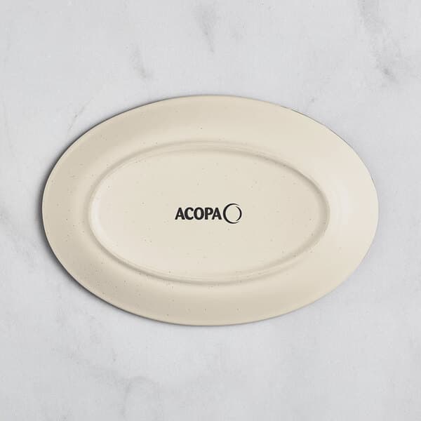 An Acopa cream white matte coupe stoneware platter with black text reading "Acopa" on the bottom.