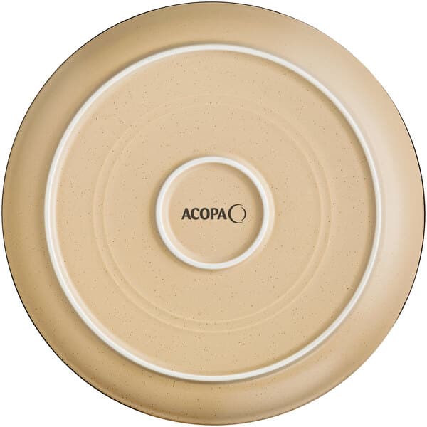 A close up of an Acopa Harvest Tan matte coupe plate with a circular white rim.