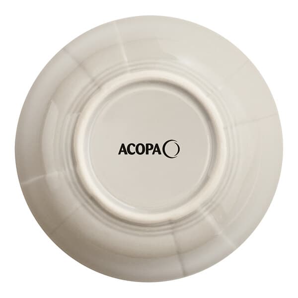 An Acopa white porcelain bowl with black text on it.