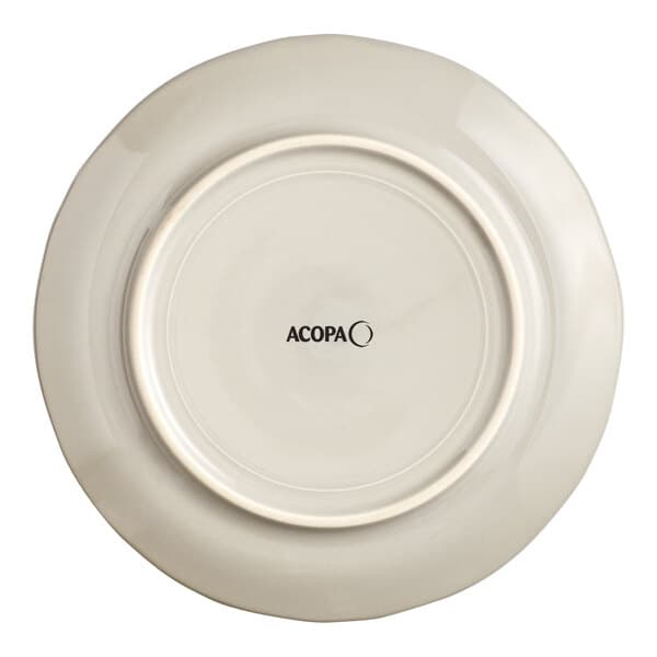 An Acopa Condesa warm gray porcelain plate with a scalloped rim and black text on it.