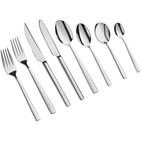 An Acopa stainless steel bouillon spoon on a white background.