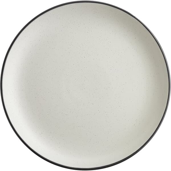 An Acopa Embers stoneware coupe plate with a black rim.
