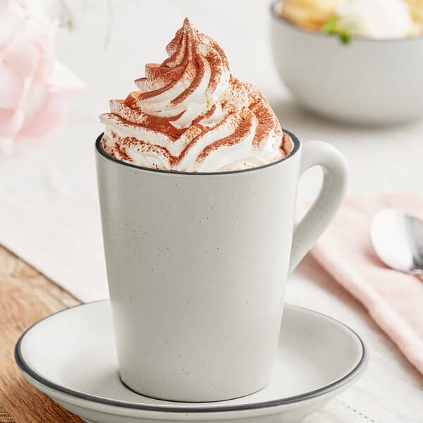 A close up of a grey Acopa Embers stoneware mug filled with hot chocolate and whipped cream.