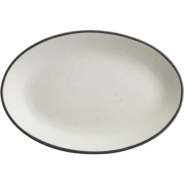 An Acopa grey matte coupe stoneware platter with an oval shape and black rim.